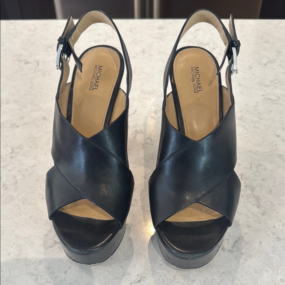 MICHAEL KORS Black Leather Wedge Sandals